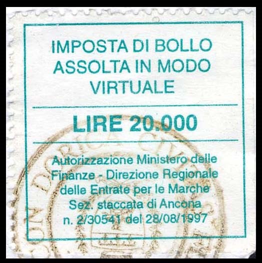 Marca da Bollo del Comune di ANCONA su Carta Bianca di dimensioni 30 x 30 mm