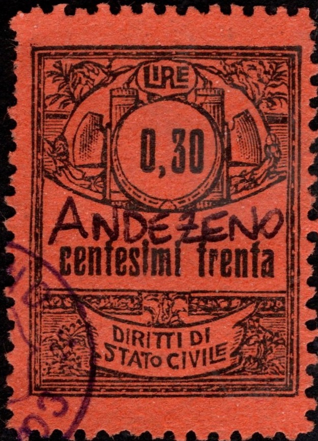 Marca da Bollo del Comune di ANDEZENO su Carta Colorata di dimensioni 22 x 38 mm