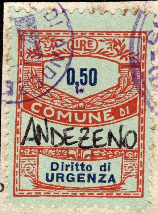 Marca da Bollo del Comune di ANDEZENO su Carta Colorata di dimensioni 22 x 29 mm