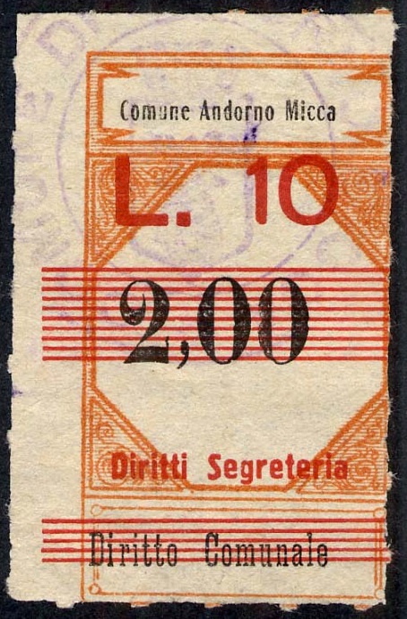 Marca da Bollo del Comune di ANDORNO MICCA su Carta Bianca Sottile di dimensioni 20 x 30,5 mm