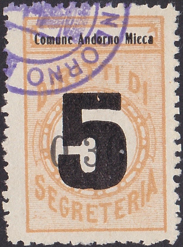 Marca da Bollo del Comune di ANDORNO MICCA su Carta Bianca Sottile di dimensioni 24,5 x 43,5 mm