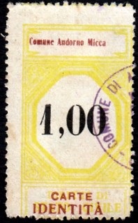 Marca da Bollo del Comune di ANDORNO MICCA su Carta Bianca di dimensioni 24,5 x 43,5 mm