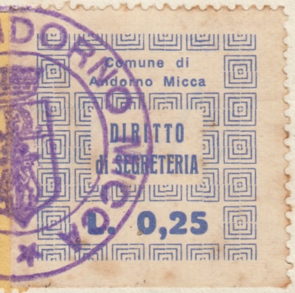 Marca da Bollo del Comune di ANDORNO MICCA su Carta Bianca di dimensioni 24,5 x 43,5 mm