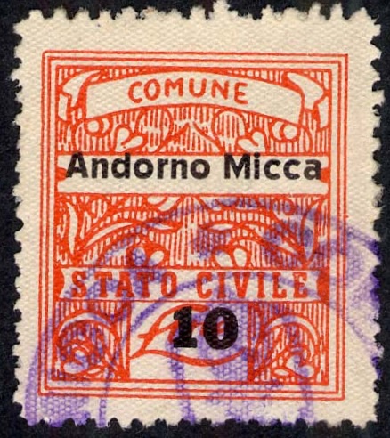 Marca da Bollo del Comune di ANDORNO MICCA su Carta Bianca di dimensioni 23,5 x 26,5 mm