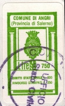 Marca da Bollo del Comune di ANGRI su Carta Bianca di dimensioni 17 x 34,5 mm