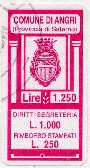 Marca da Bollo del Comune di ANGRI su Carta Bianca di dimensioni 18 x 31,5 mm