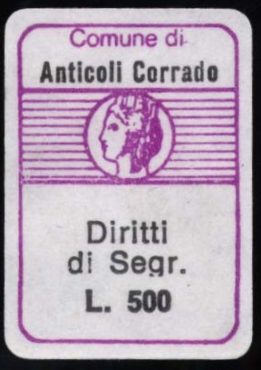 Marca da Bollo del Comune di ANTICOLI CORRADO su Carta Bianca di dimensioni 16,5 x 24 mm