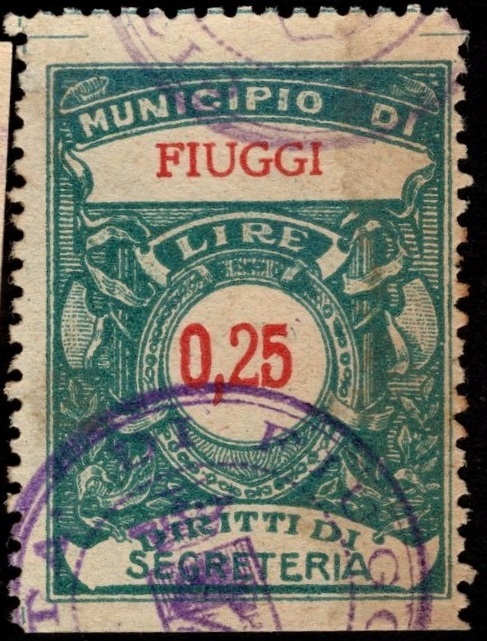Marca da Bollo del Comune di FIUGGI su Carta Bianca di dimensioni 21,5 x 29,5 mm