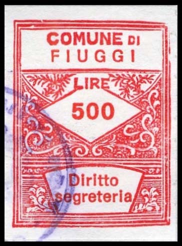 Marca da Bollo del Comune di FIUGGI su Carta Bianca di dimensioni 21,5 x 28,5 mm