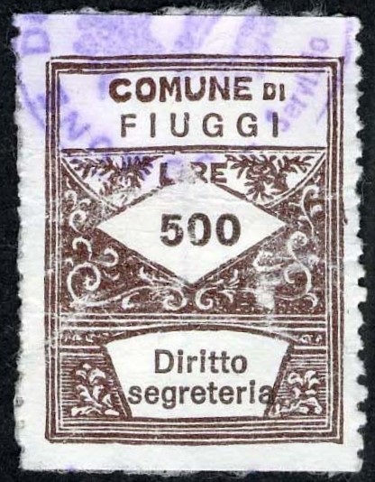 Marca da Bollo del Comune di FIUGGI su Carta Bianca di dimensioni 21,5 x 28,5 mm