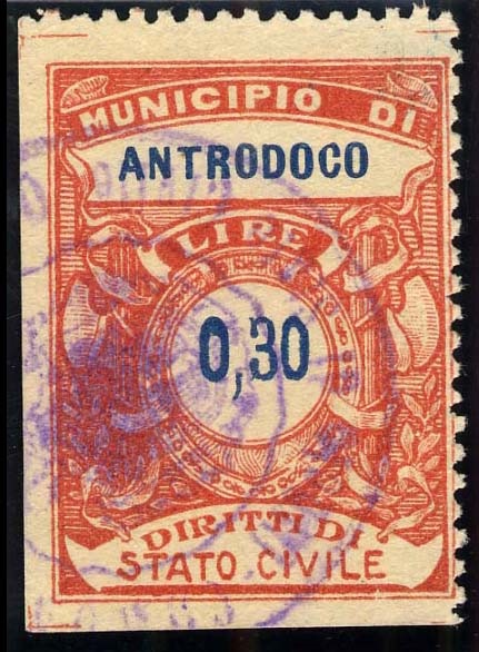 Marca da Bollo del Comune di ANTRODOCO su Carta Bianca Sottile di dimensioni 25,5 x 34 mm