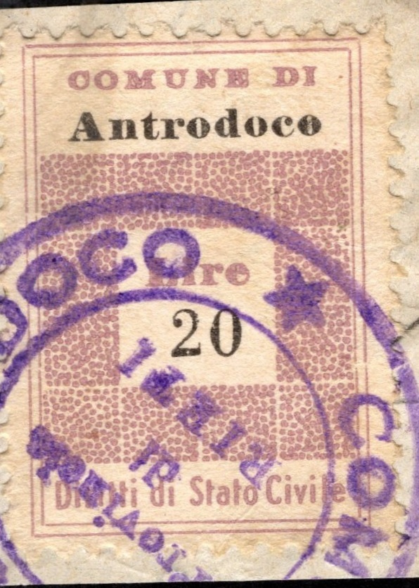 Marca da Bollo del Comune di ANTRODOCO su Carta Colorata di dimensioni 22 x 28 mm