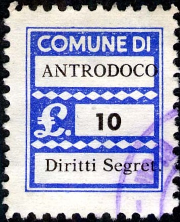 Marca da Bollo del Comune di ANTRODOCO su Carta Bianca di dimensioni 17,5 x 22,5 mm