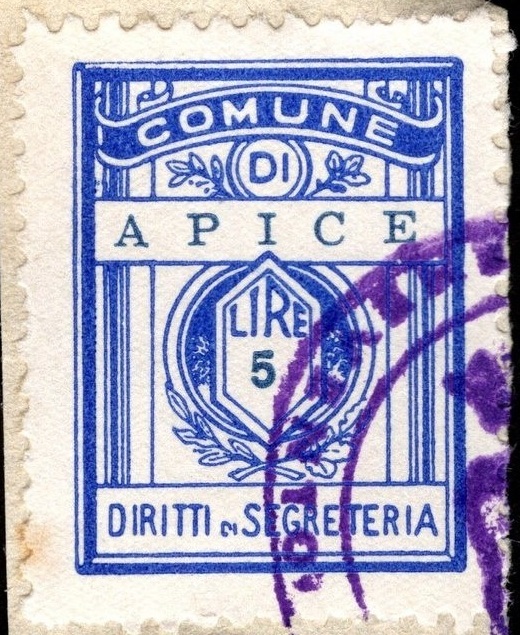 Marca da Bollo del Comune di APICE su Carta Bianca di dimensioni 21,5 x 28,5 mm