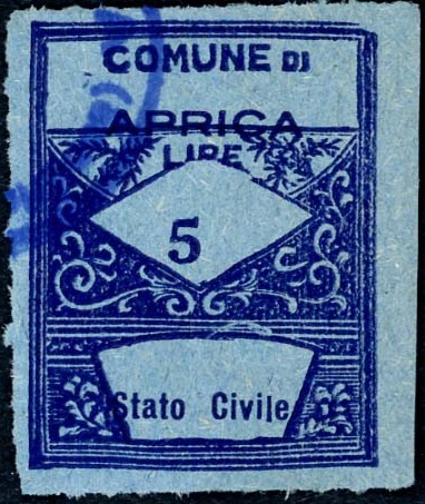 Marca da Bollo del Comune di APRICA su Carta Colorata di dimensioni 22 x 29 mm