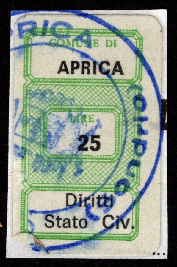 Marca da Bollo del Comune di APRICA su Carta Bianca di dimensioni 16,5 x 29,5 mm