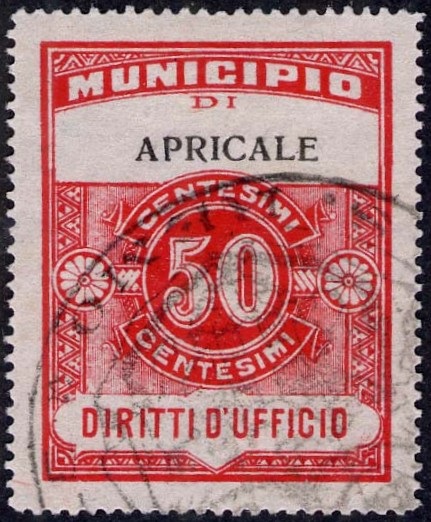 Marca da Bollo del Comune di APRICALE su Carta Bianca di dimensioni 22 x 29 mm