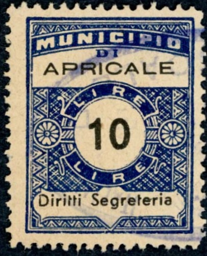 Marca da Bollo del Comune di APRICALE su Carta Bianca di dimensioni 22 x 28,5 mm