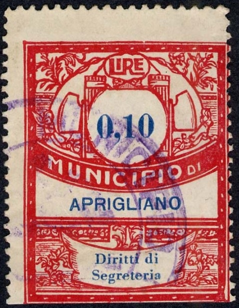 Marca da Bollo del Comune di APRIGLIANO su Carta Bianca Sottile di dimensioni 28 x 36,5 mm