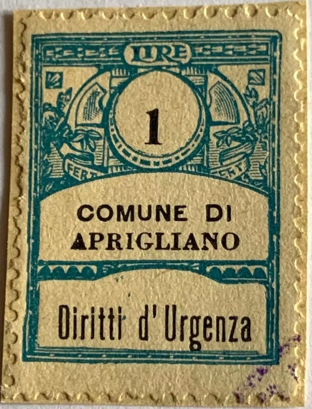 Marca da Bollo del Comune di APRIGLIANO su Carta Bianca Sottile di dimensioni 21,5 x 28,5 mm