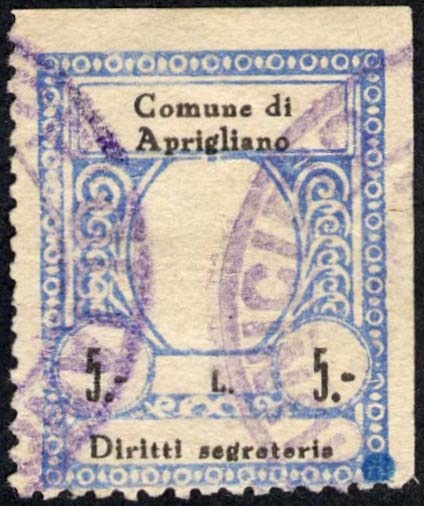Marca da Bollo del Comune di APRIGLIANO su Carta Bianca di dimensioni 23,5 x 30 mm
