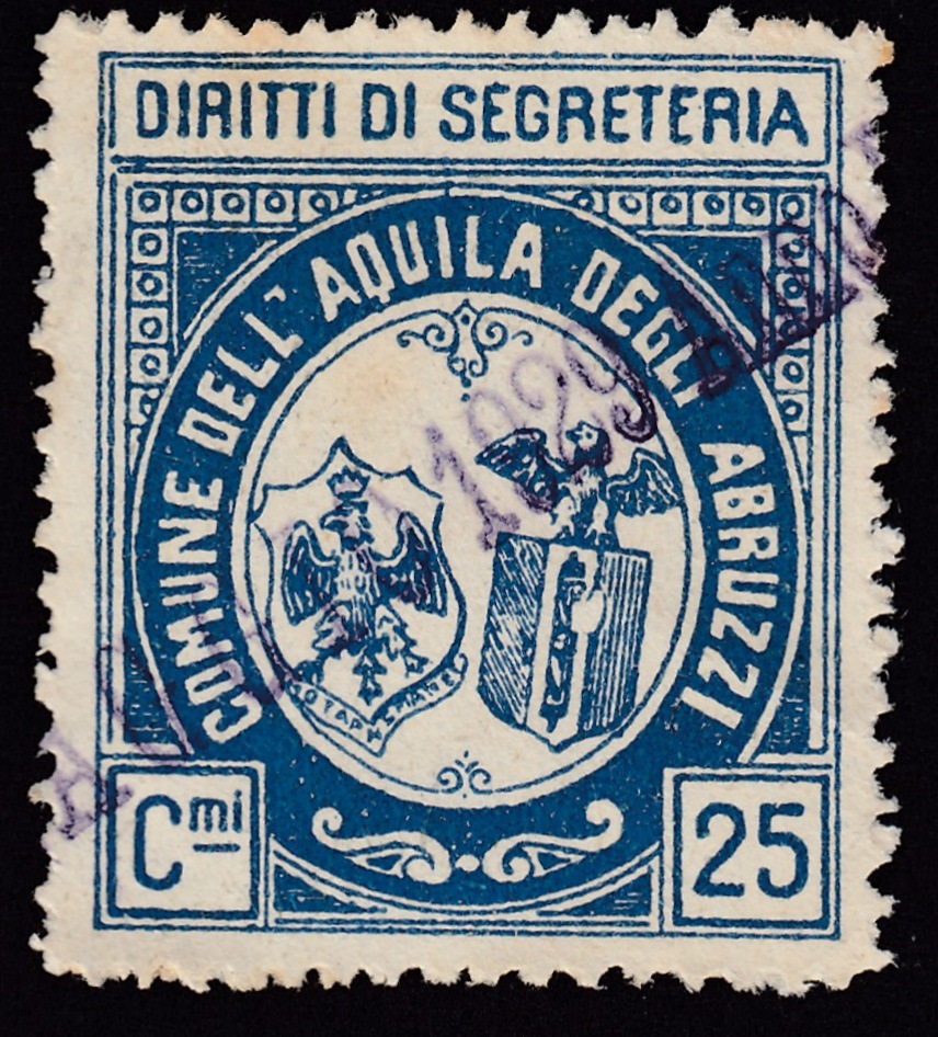 Marca da Bollo del Comune di L´AQUILA su Carta Bianca di dimensioni 26 x 31 mm