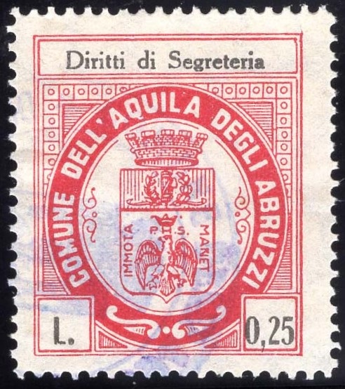 Marca da Bollo del Comune di L´AQUILA su Carta Bianca di dimensioni 26 x 30,5 mm