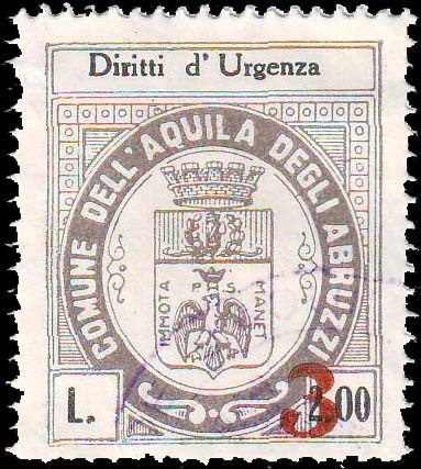 Marca da Bollo del Comune di L´AQUILA su Carta Bianca Sottile di dimensioni 26 x 30 mm