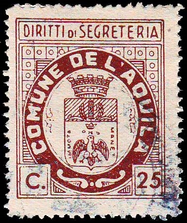 Marca da Bollo del Comune di L´AQUILA su Carta Bianca Sottile di dimensioni 25,5 x 31 mm