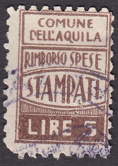 Marca da Bollo del Comune di L´AQUILA su Carta Bianca di dimensioni 13,5 x 19,5 mm