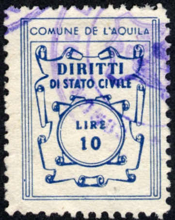 Marca da Bollo del Comune di L´AQUILA su Carta Bianca di dimensioni 20 x 26 mm