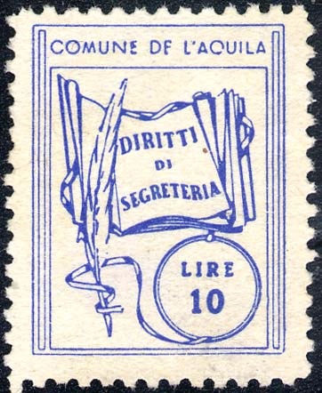 Marca da Bollo del Comune di L´AQUILA su Carta Bianca Sottile di dimensioni 20 x 26 mm