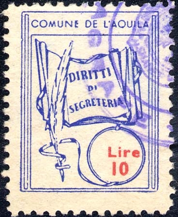 Marca da Bollo del Comune di L´AQUILA su Carta Bianca di dimensioni 20 x 26 mm
