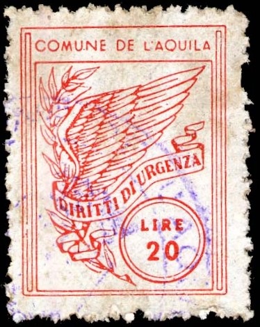 Marca da Bollo del Comune di L´AQUILA su Carta Bianca di dimensioni 20 x 26 mm