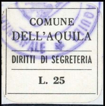 Marca da Bollo del Comune di L´AQUILA su Carta Bianca di dimensioni 25,5 x 24 mm