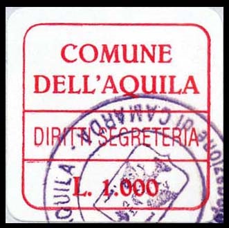 Marca da Bollo del Comune di L´AQUILA su Carta Bianca di dimensioni 25,5 x 24 mm