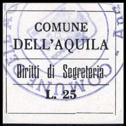 Marca da Bollo del Comune di L´AQUILA su Carta Bianca di dimensioni 23 x 23 mm