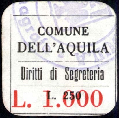 Marca da Bollo del Comune di L´AQUILA su Carta Bianca di dimensioni 23 x 23 mm