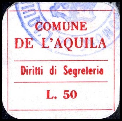 Marca da Bollo del Comune di L´AQUILA su Carta Bianca di dimensioni 23 x 23 mm