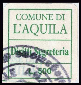 Marca da Bollo del Comune di L´AQUILA su Carta Bianca di dimensioni 23 x 23 mm