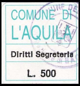 Marca da Bollo del Comune di L´AQUILA su Carta Bianca di dimensioni 23 x 23 mm
