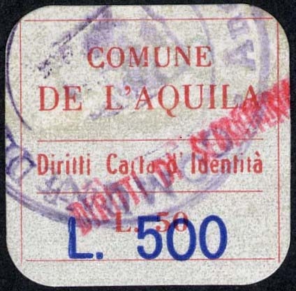 Marca da Bollo del Comune di L´AQUILA su Carta Bianca di dimensioni 23 x 23 mm