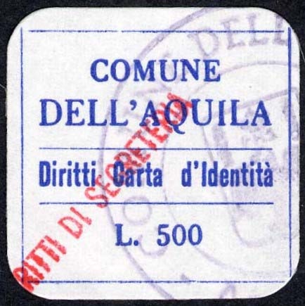 Marca da Bollo del Comune di L´AQUILA su Carta Bianca di dimensioni 23 x 23 mm