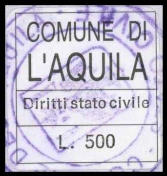 Marca da Bollo del Comune di L´AQUILA su Carta Bianca di dimensioni 20 x 22 mm