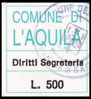 Marca da Bollo del Comune di L´AQUILA su Carta Bianca di dimensioni 20,5 x 22 mm