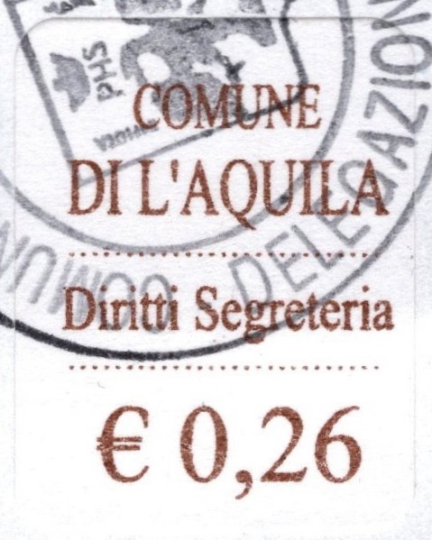 Marca da Bollo del Comune di L´AQUILA su Carta Bianca di dimensioni 20,5 x 22 mm