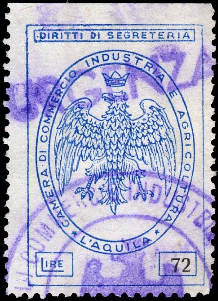 Marca da Bollo del Comune di L´AQUILA su Carta Bianca di dimensioni 22,5 x 29 mm