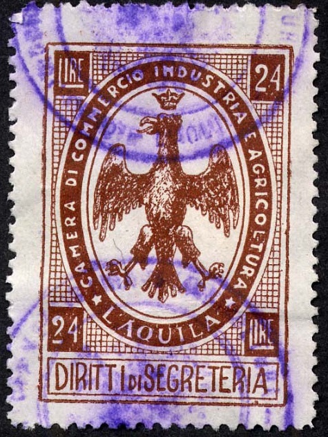 Marca da Bollo del Comune di L´AQUILA su Carta Bianca di dimensioni 22,5 x 29 mm