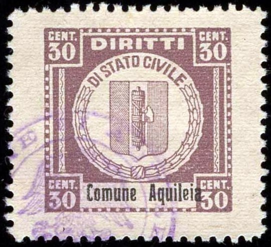 Marca da Bollo del Comune di AQUILEIA su Carta Bianca di dimensioni 26 x 26 mm
