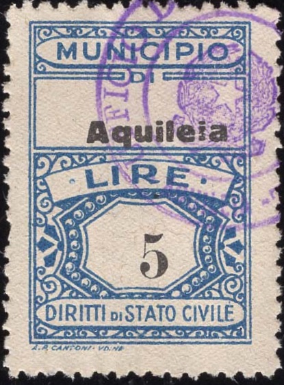Marca da Bollo del Comune di AQUILEIA su Carta Bianca di dimensioni 22 x 29 mm